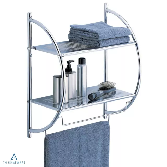 2 Tier Chrome Plated Wall Mounted Towel Rail Holder Rack Bathroom Storage Shelf