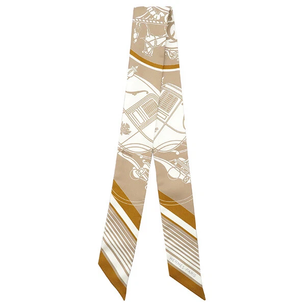 HERMES Twilly Scarf Silk Beige Blanc Caramel Ex Libris Women Box Classic Popular HERMES Twilly Scarf Silk Beige Blanc Caramel Ex Libris Women Box Classic Popular