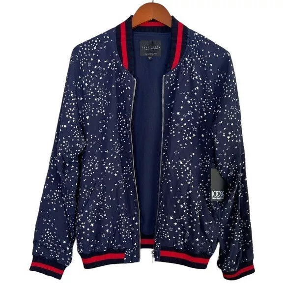 Sanctuary NEW Star Print Full Zip Bomber Jacket Size M Navy Blue Elastic Trim