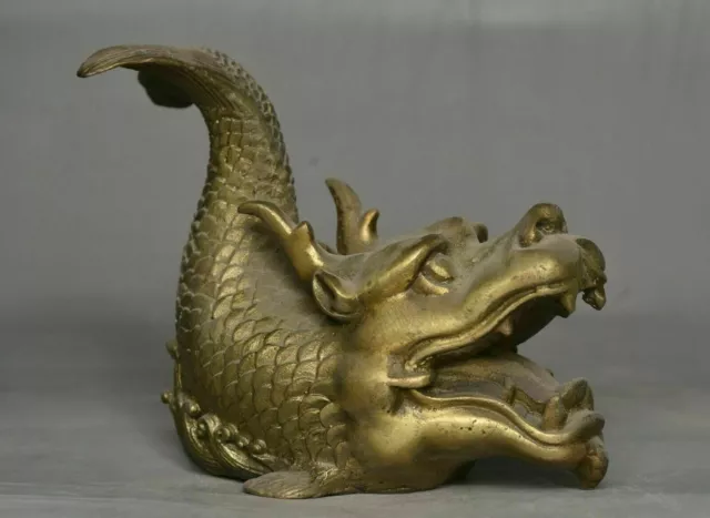 4.4" Old Chinese Copper Brass Fengshui Dragon Beast Head Fish Statue Sculpture 2