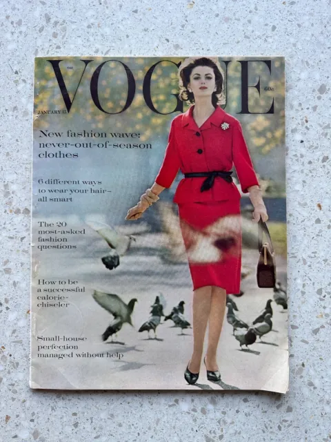 Vintage 60's American Vogue magazine; January 15, 1961 Dorothy McGowan cover