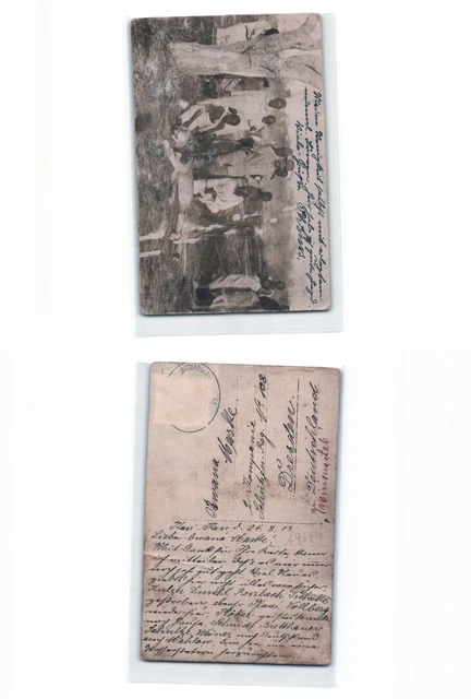 (b96299)   Deutschostafrika Fotoansichtskarte nach der Löwenjagd mit Stempe