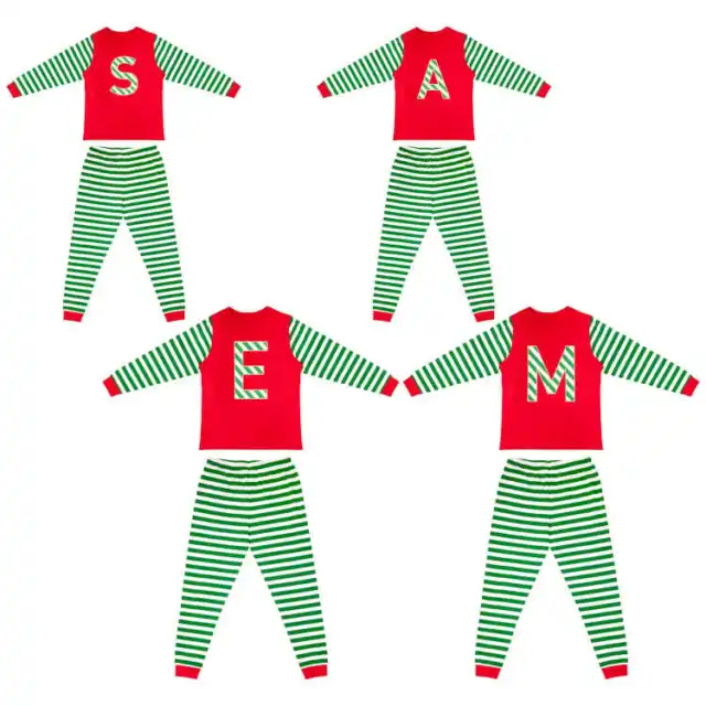 Ladies Adults Kids Boy Girl Family Alphabet Red Green Stripe Pyjamas Pj's New