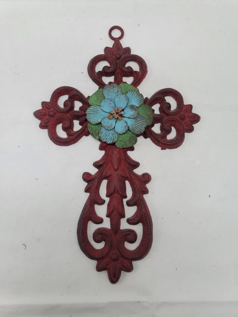 Wrought Iron Red Cross with Flower 10" x 6.5" Western or Rustic Decor