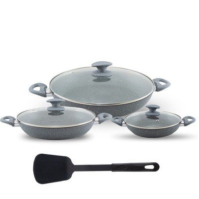 Mediawave Store Alluminio Multiuso in Cucina Ottima Frittura Set 6 padelle DGBAVARIA con coperchi in Pietra con Misura 24-28-32 cm Utilizzo ad induzione Grigio Fondo in Pietra Antiaderente 
