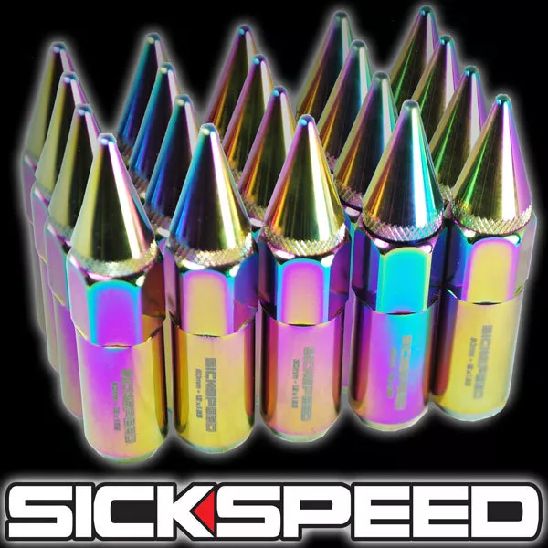Sickspeed 20 Pc Neo Chrome Spiked Aluminum 60Mm Lug Nuts Wheels/Rims 12X1.5 L07