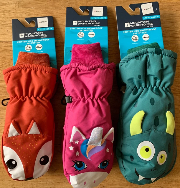 NEU Mountain Warehouse Kinder Ski schneedichte Fäustlinge Jungen Mädchen Spaß Tier Krittier