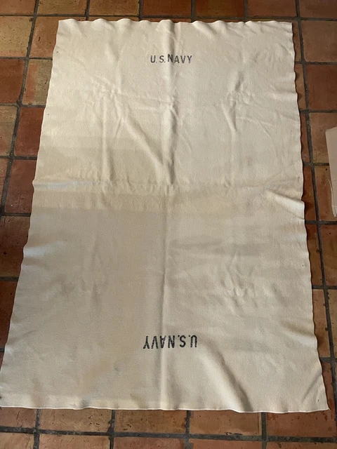 Vintage US Navy Military Stencil Cream Color Wool Bunk Bed Blanket - 53” by 80”