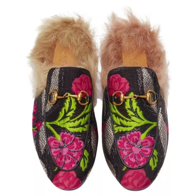 GUCCI Princetown Pink Floral Brocade Jacquard Fur Lined Loafer Slipper Mules 10