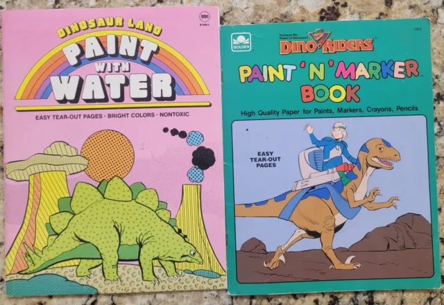 Vintage Paint w/ Water & Marker Activity Books Dinosaur Land 82 & Dino Riders 88