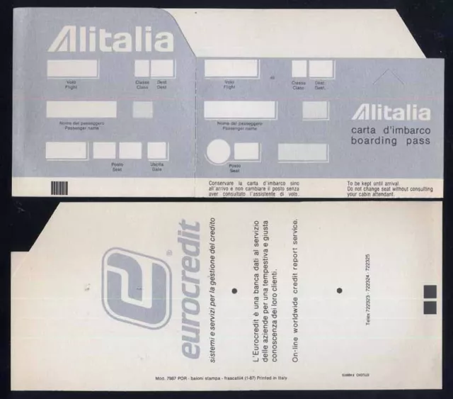 Alitalia carta d´imbarco grigia boarding pass gennaio 1987 Eurocredit