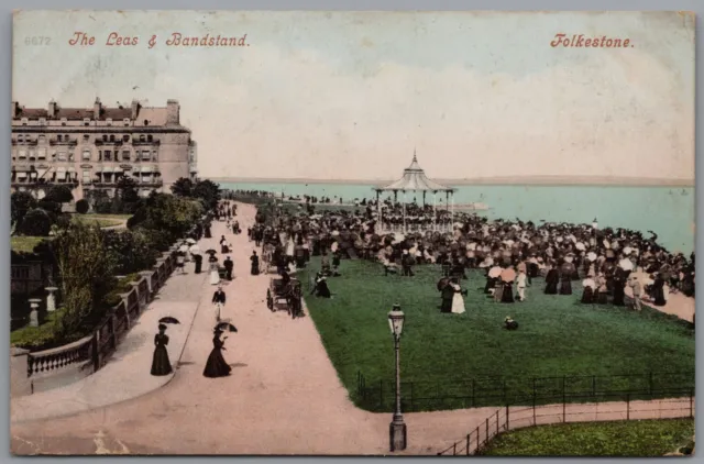 The Leas & Bandstand Folkestone Kent England Antique Postcard Postmark 1905