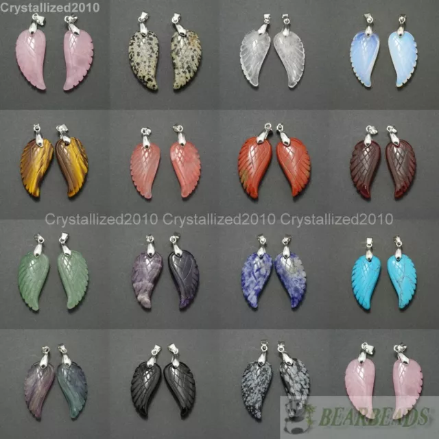 Natural Gemstone Carved Angel Wing Reiki Chakra Healing Pendant Necklaces Beads