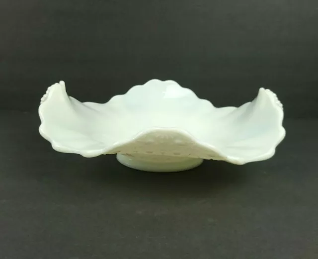 Vintage Fenton Milk Glass Daisy & Button Footed Bowl Ruffled Edge Daisy Handles