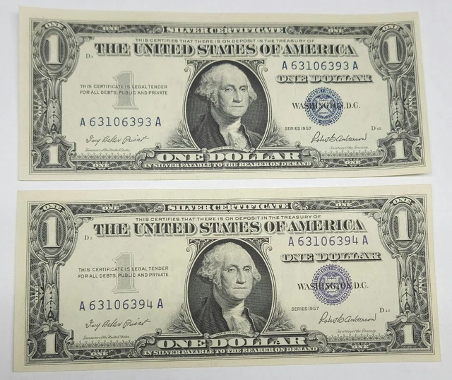 1957 $1 Silver Certificates Set of 2 Consecutive Crisp Uncirc - *SHIPS QUICK!*