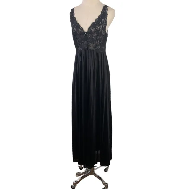 ShadowLine Vintage Nightgown Medium Black Satin Lace Bodice Long Maxi Peignoir