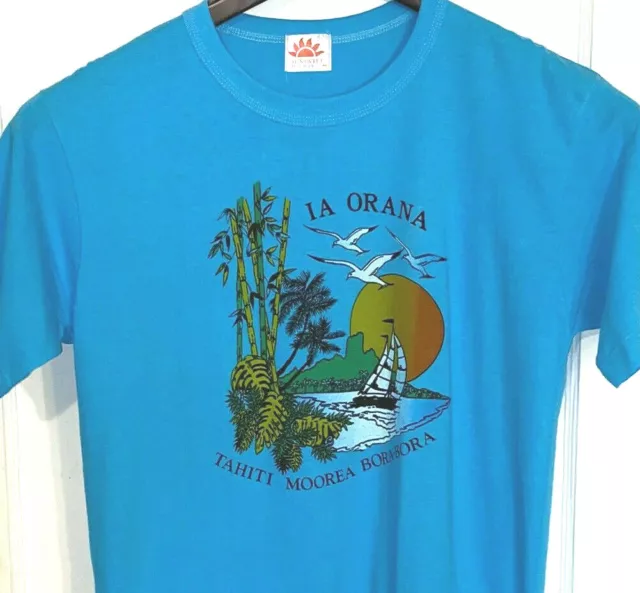 VTG Polynesian T Shirt COLORFUL South Pacific Island TRAVEL Tourist BEACH Thin
