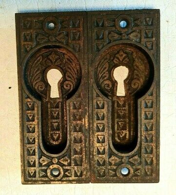 2 Antique Ornate Cast Iron Door Pocket Plates w/ Keyhole #5844 Eastlake Hardware