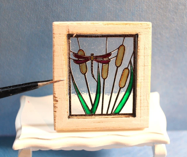 Original OOAK Mini Dollhouse Stained Glass Dragonfly / Cattails Window N Woolmer 3