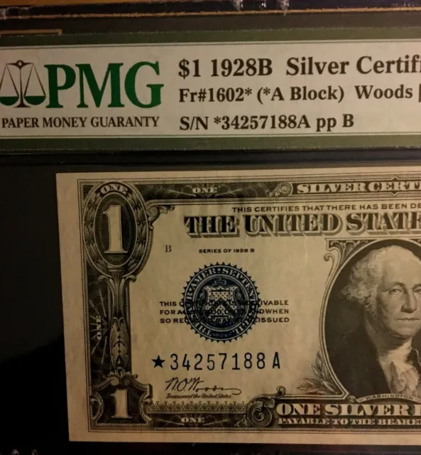 1928B $1 Pmg63 Choice Unc Silver Cert Rare *Star* Woods/Mills Funny Back    3604