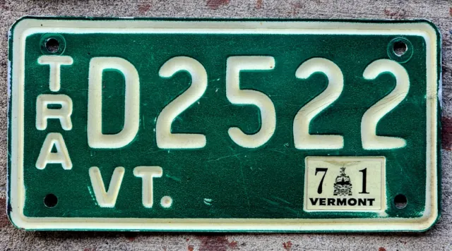 White Incused on Green Vermont TRAILER License Plate with a 1971 Sticker