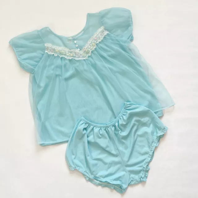 Vintage 60s Gaymode Penney’s Blue Chiffon Frilly Babydoll Pajamas PJ 2PC Set L