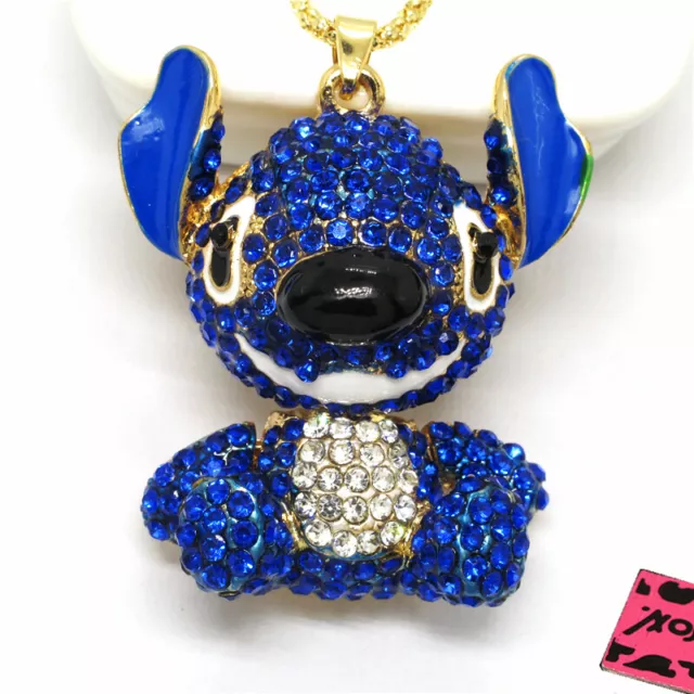 Betsey Johnson Blue Big Ear Alien Animal Crystal Pendant Chain Necklace