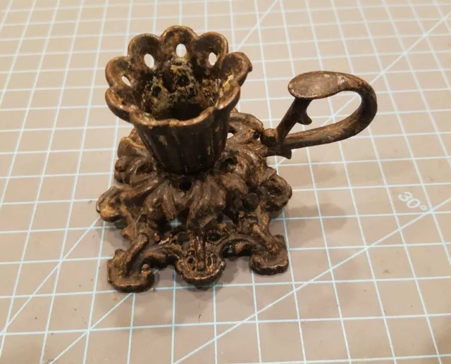 Antique Victorian Ornate Cast Iron Candle Holder Floral w/ Finger Loop - gwB1