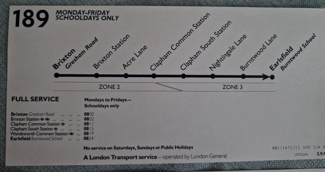 LONDON TRANSPORT BUS timetable slips for route 189 (Clapham) £2.74 ...