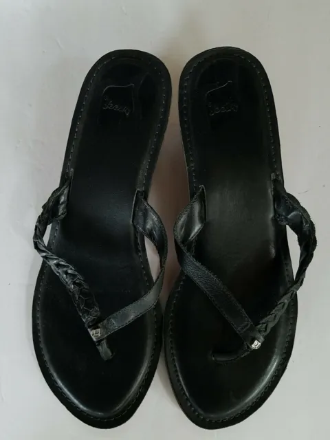 Womens Reef Flip Flops Wooden Wedge Heel Black With Leather Strap Size 9