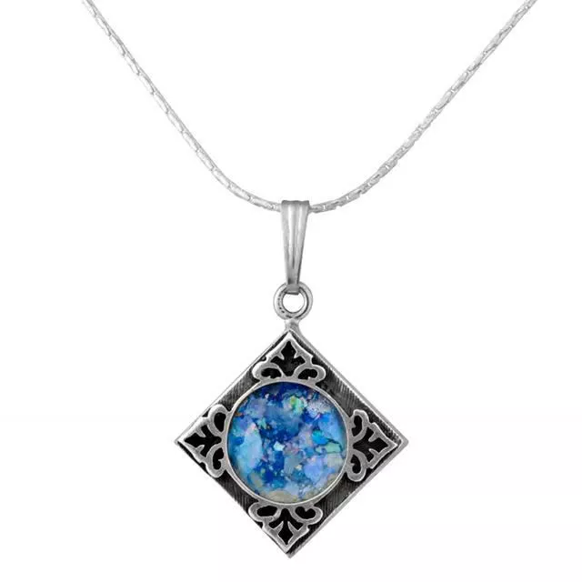 Beautiful New Diamond Shape Sterling Silver Roman Glass Unique Square Pendant