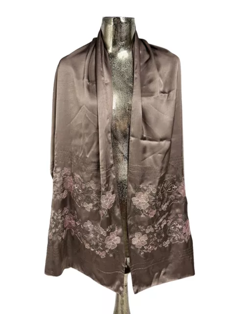 FLORAL Scarf Womens Brown Satin Embroidered Large 80x20 Inch