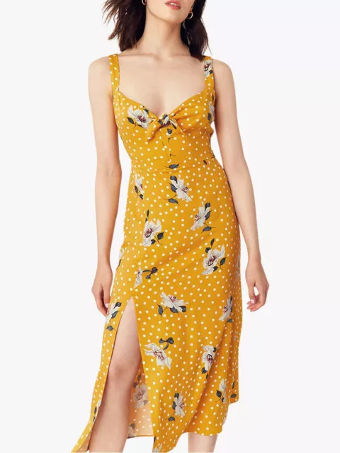 OASIS Yellow Floral Polka Dot Spot Tie Knot Front Midi Cami Summer Dress Size 16