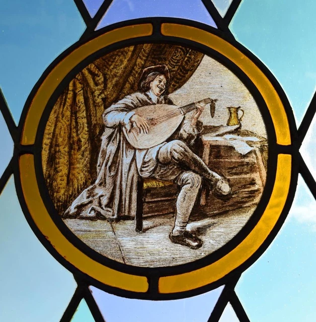 *Set of Three Pine Antique French Stained Glass Doors with Images of Paintings 7