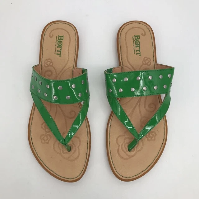 Born Womens Kelly Thong Sandals Green Rubber Outsole Studded Flat Heel Slip On 9
