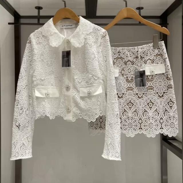 Womens 2Pcs Self-Portrait Floral Guipure Cropped Lace Jacket / Mini Skirts Suits