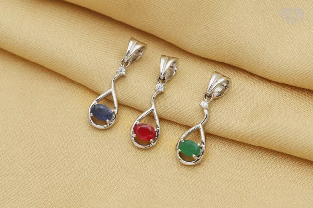 Oval Faceted Natural Blue Sapphire Emerald, Ruby & Zircon Stone Silver Pendant
