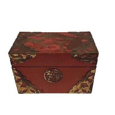 Vintage Red Lacquered Gold Dragon Brass Accents Asian Playing Card Box