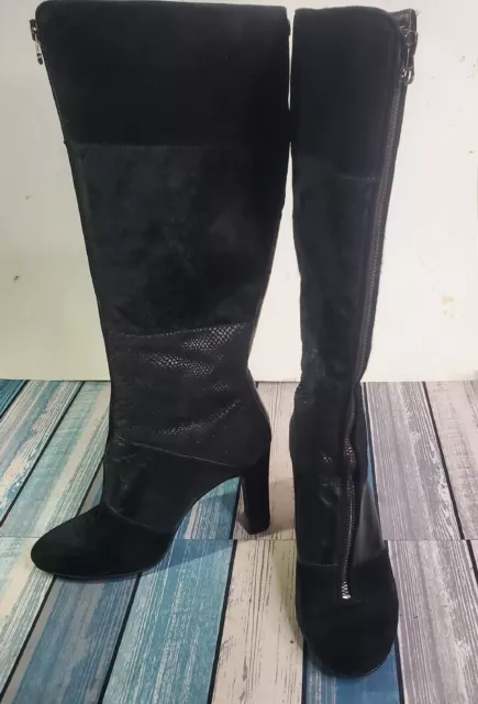 Anne Klein Black Genuine Leather Calf Hair Snake Skin Zip High Heel Boots 6.5M 3