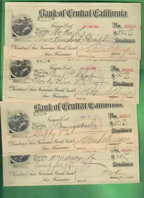1898 Bank Of Central California Lot Of 4 Checks W/Vignette 3"X8" London San Fran