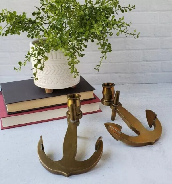 Mid 20th Century Vintage Nautical Themed Pair Brass Ship Anchor Candlesticks MCM