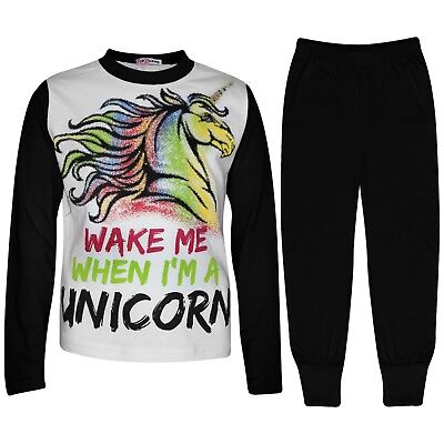 Girls Wake Me When I'M A Unicorn Pyjamas Lounge Wear Nightwear Black PJS 5-13 Yr