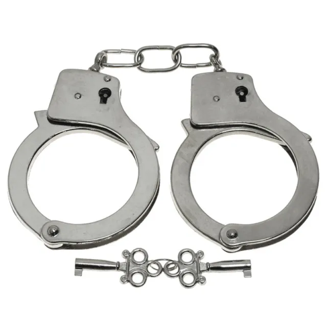 Classic Solid Chrome Metal Silver Hand Cuffs Handcuffs Police Security Patrol