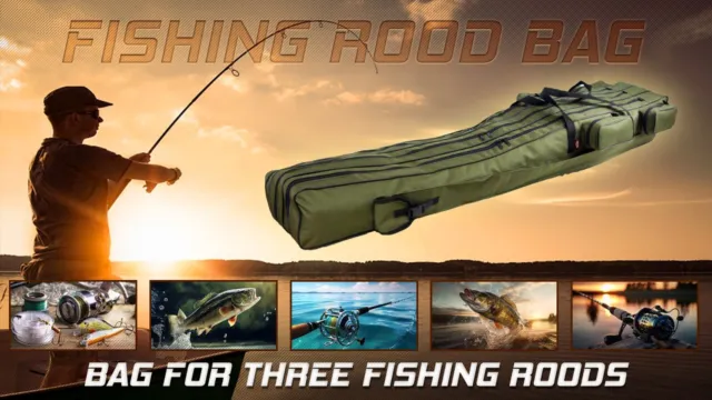 FISHING ROD HOLDALL BAG 3 POCKETS 150-190cm for made up rods reels GREEN  BLACK £41.97 - PicClick UK