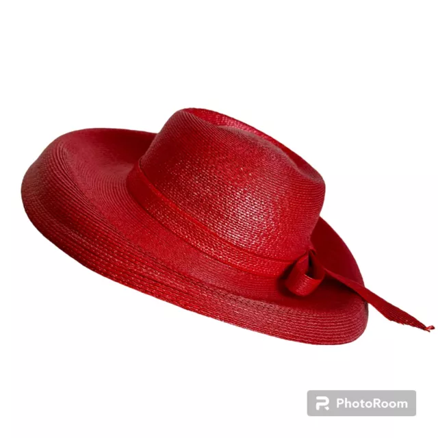 Vintage FRANK OLIVE Neiman Marcus Mushroom Red Straw Sun Hat Bow Wide Brim