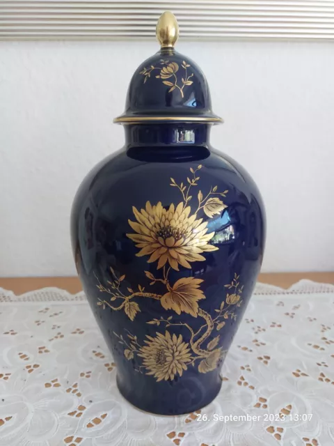 Lindner Porzellan Deckel Vase Echt Cobalt Kobalt Jeannette Blumen Gold TOP 31 cm