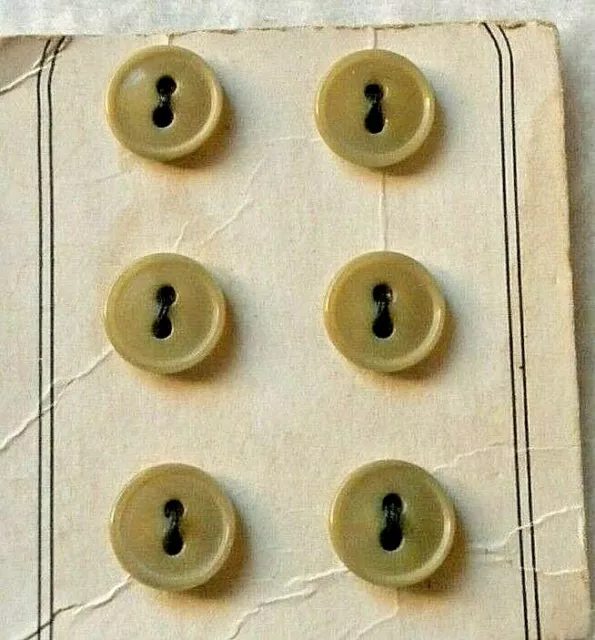 6 Vintage Light Olive Green 3/8" Small Thin 2 hole Buttons Carded BRAND NEW