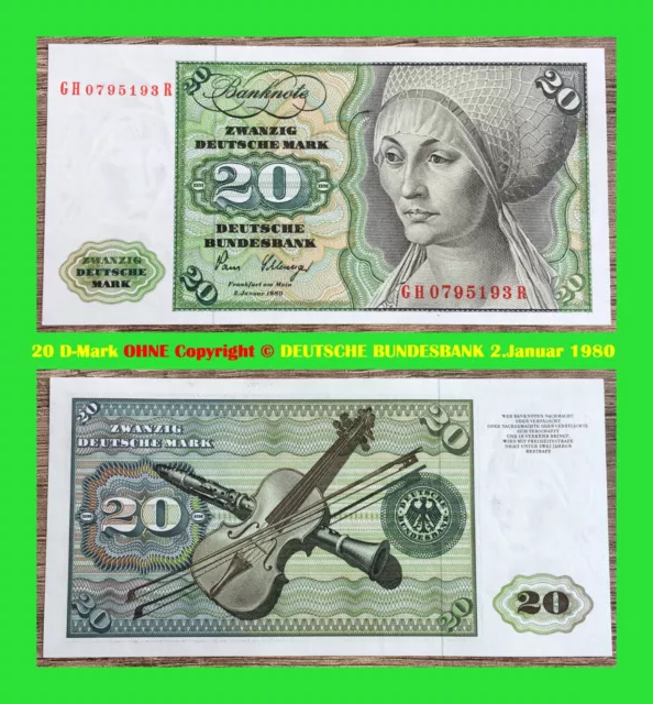 Ⓜ️ 20 Deutsche Mark ☘️ 2.Januar 1980 DM 💥 Schein Bundesbank 🍄 GH 0795193 R 🌐