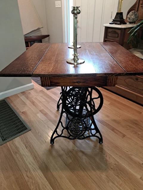 Repurposed 19th Century Cast Iron Singer Sewing Base/Oak Drop Leaf Farmers Table