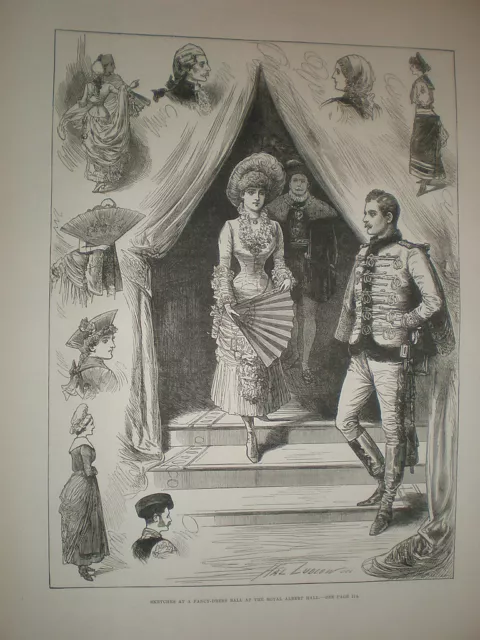 Sketches at a Fancy Dress Ball at the Royal Albert hall London old print 1882